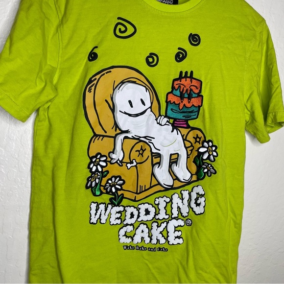 Wedding Cake Wake Bake And Cake Mens Small Graphic T-Shirt Lime Patches Smoke - Picture 2 of 12